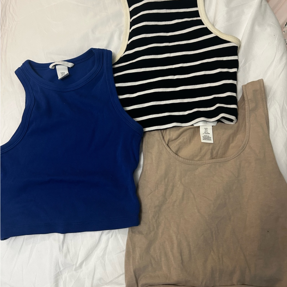 Striped, Tan, and Blue Tank Tops